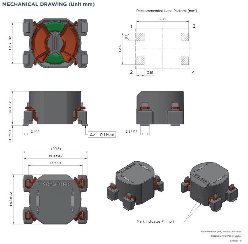 Mechanical Drawing - TE Connectivity RE100 Series SMD Common Mode Chokes